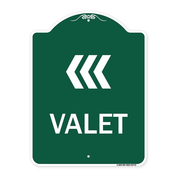 Designer Series Sign-Valet Left Arrow, Green & White Aluminum Sign, 18" x 24", GW-1824-22772